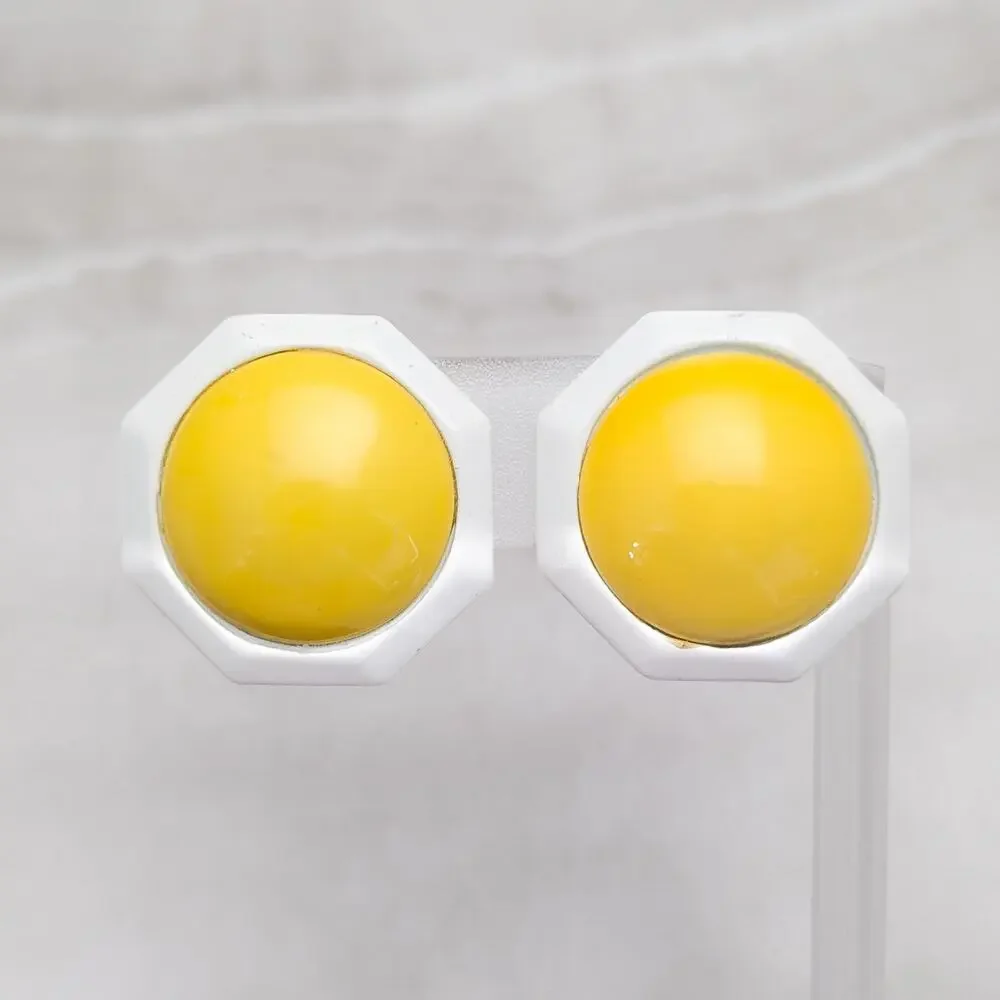 Vintage Clip On Earrings Large White & Yellow Octogen Retro Statement 1.25"